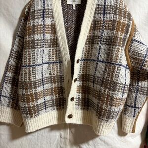 THE GREAT. Plaid Cardigan in Cream and Brown
